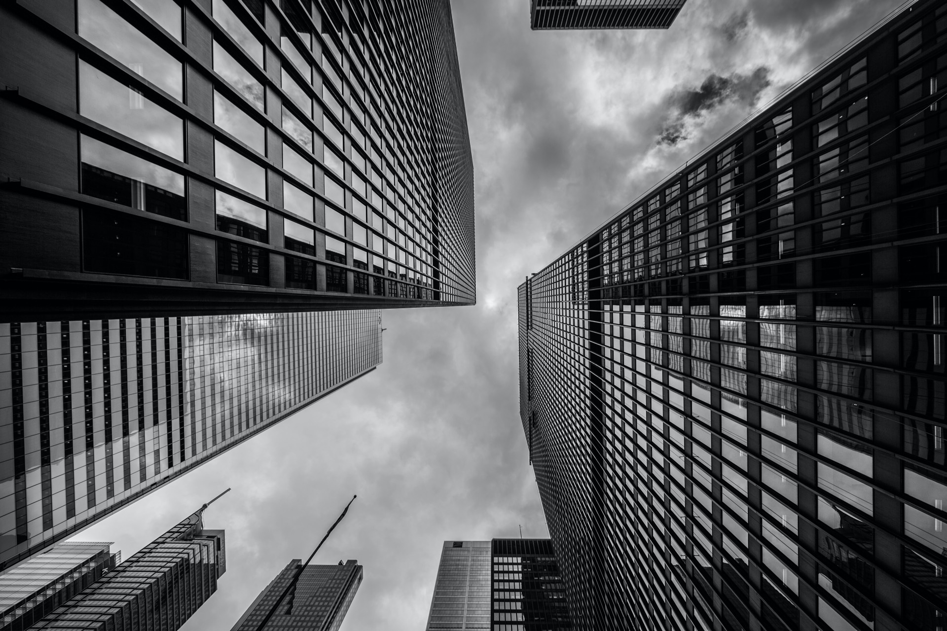 Looking upward at tall buildings.